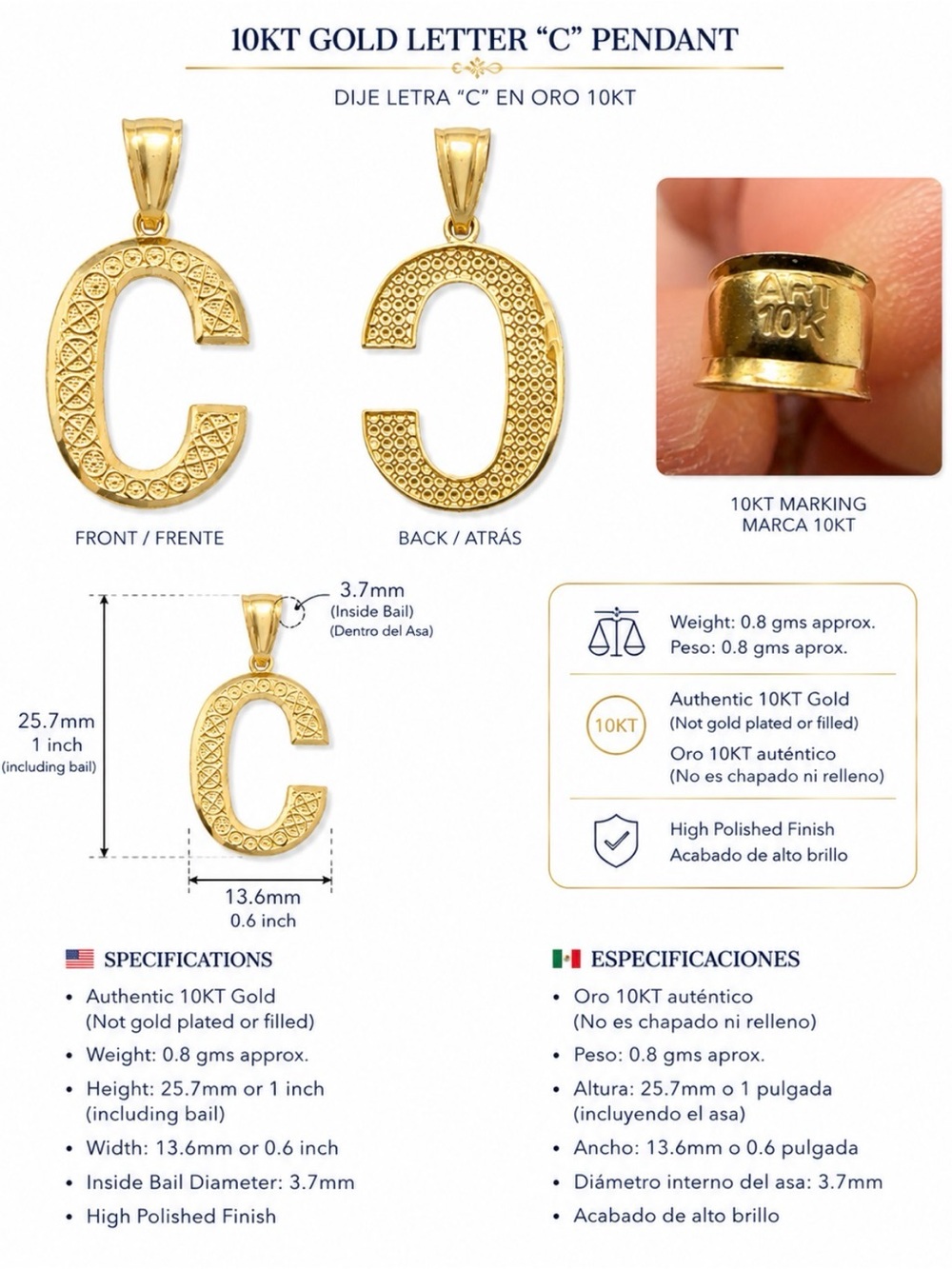 10KT Gold Letter C Pendant - Gold Initial Necklace